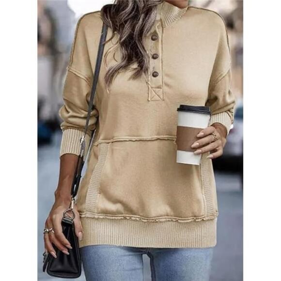 Womens Sweatshirt Long Sleeve Lightweight Sweatshirts Button Loose Pullover Tops - Picture 2 of 6